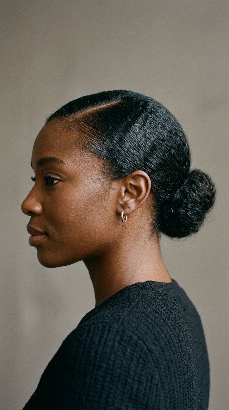 Deep Side Part Low Bun