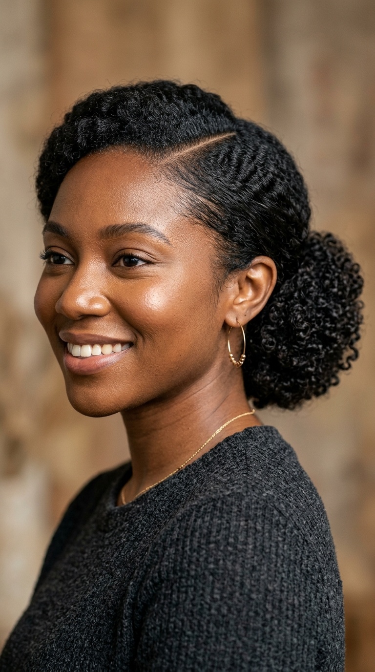 Deep Side Part Low Curly Bun