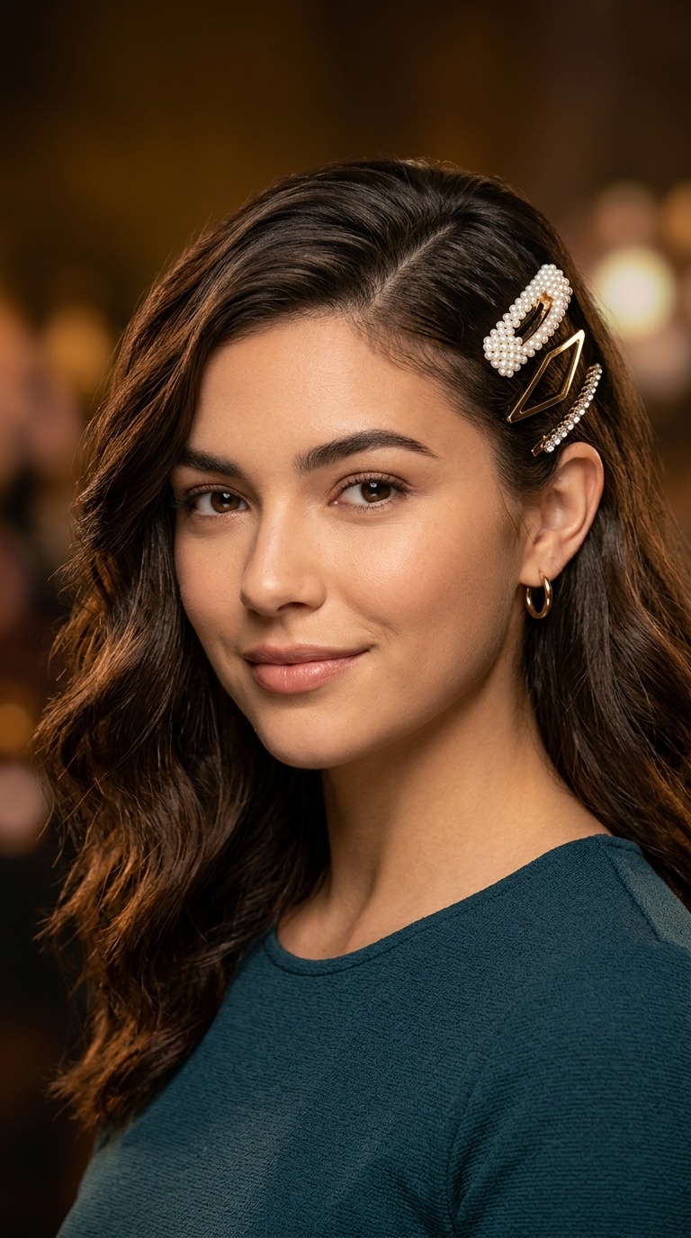 Deep Side Part with Barrettes