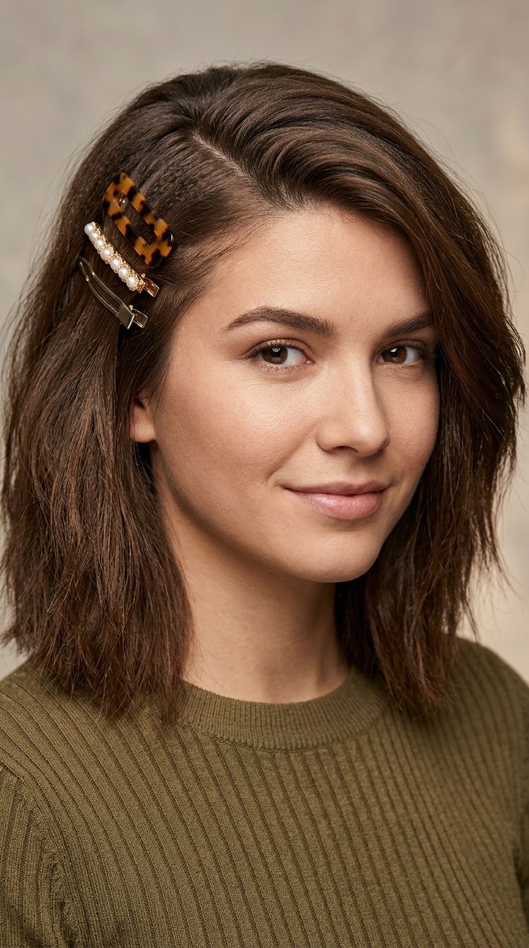 Deep Side Part with Barrettes