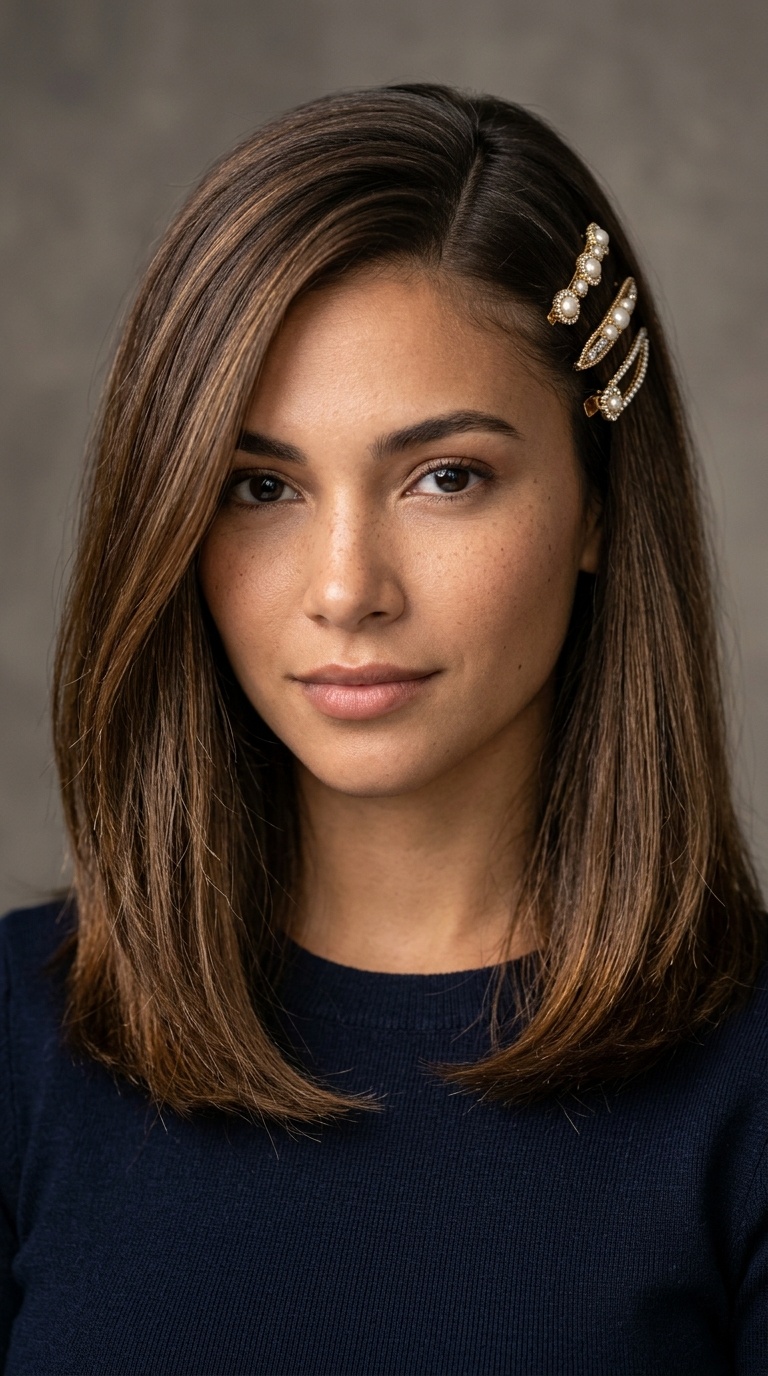 Deep Side Part with Barrettes