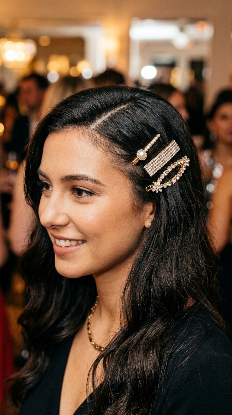 Deep Side Part with Barrettes