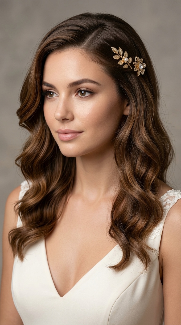 Deep Side Part with Gilded Floral Pins