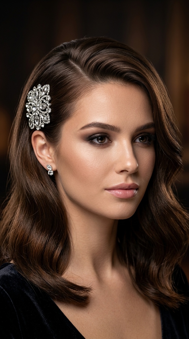 Deep Side Part with Jeweled Barrette