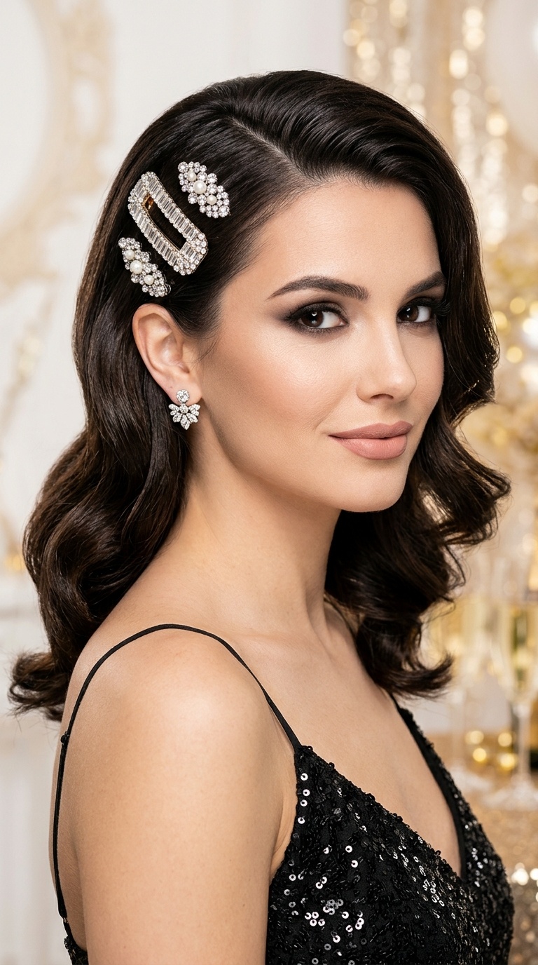 Deep Side Part with Jeweled Clips