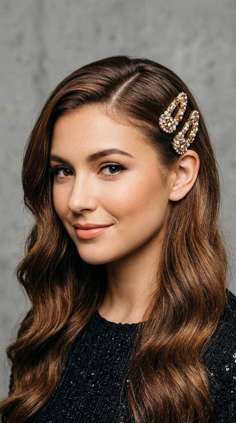 Deep Side Part with Jeweled Clips