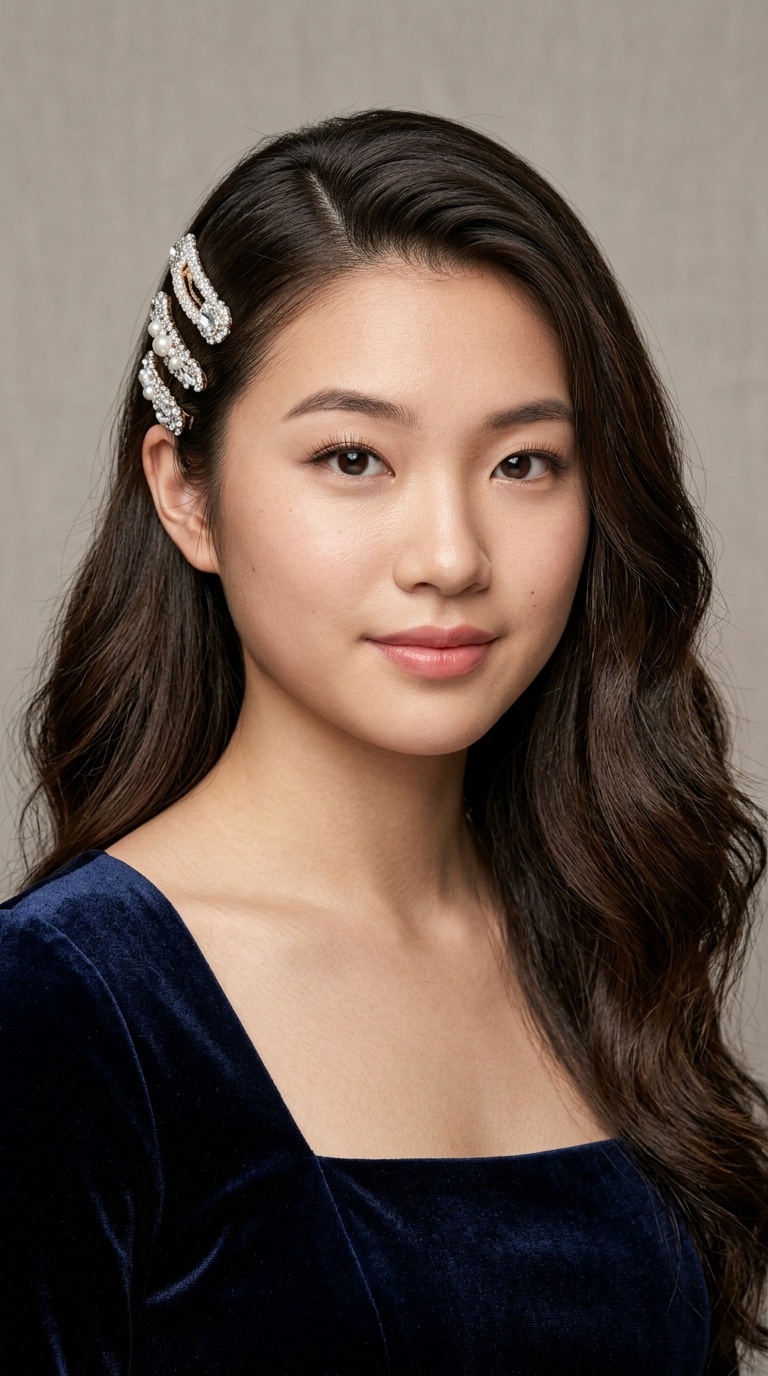Deep Side Part with Sparkly Clips
