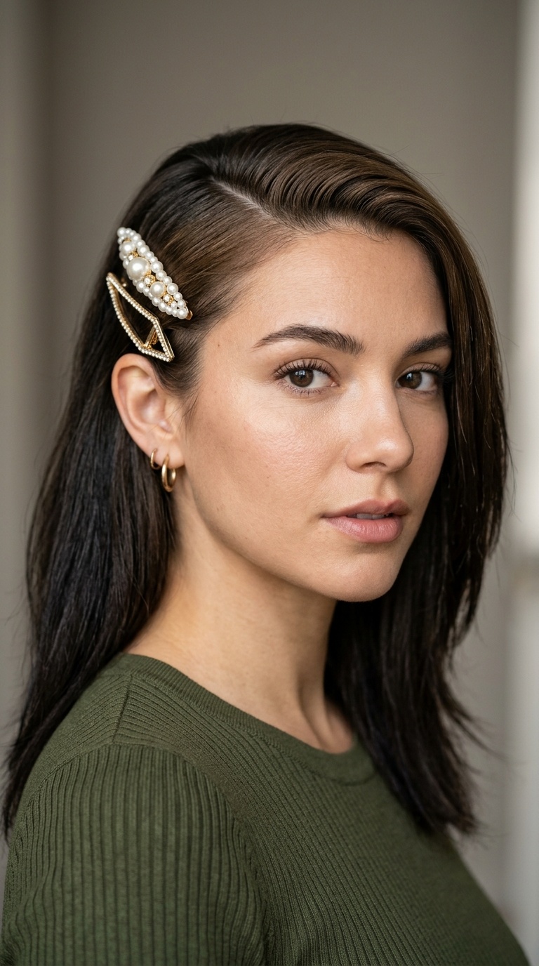 Deep Side Part with Statement Barrettes