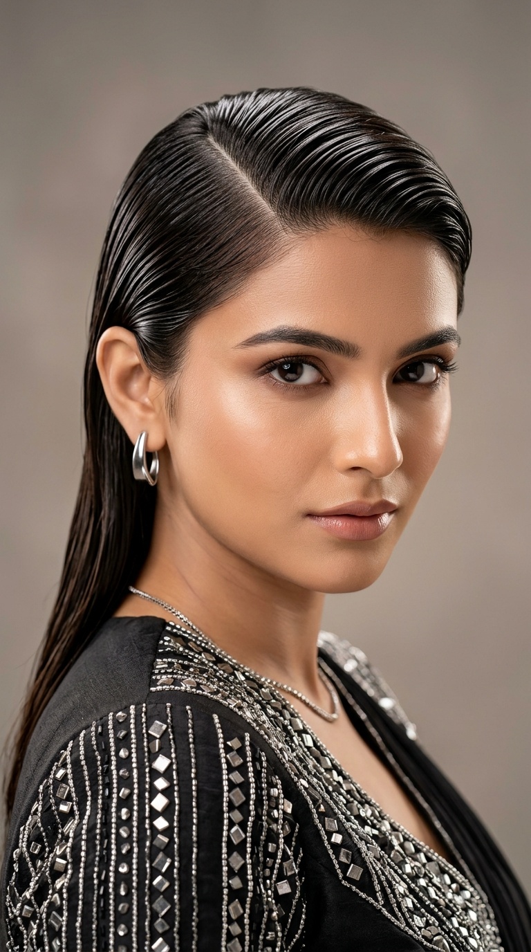 Deep Side Part with Wet Look Finish