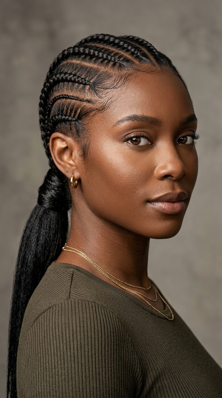 Diagonal Feed-ins with Low Sleek Ponytail
