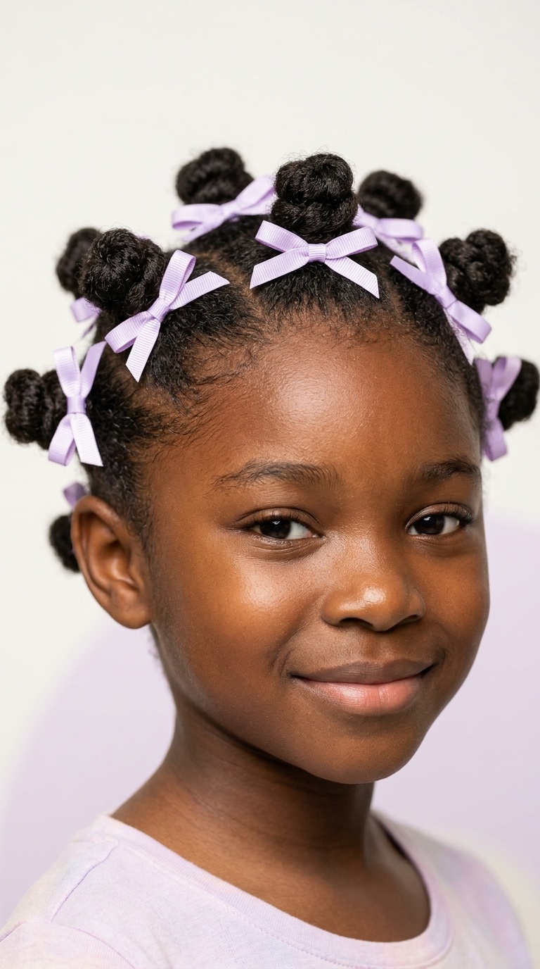 Double Bantu Knots with Lilac Ribbon