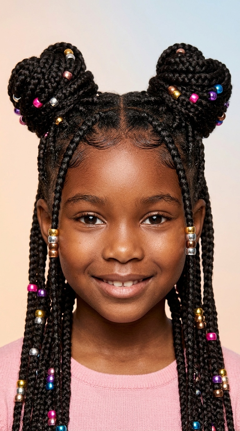 Double Bun (Space Buns) Braids with Metallic Beads
