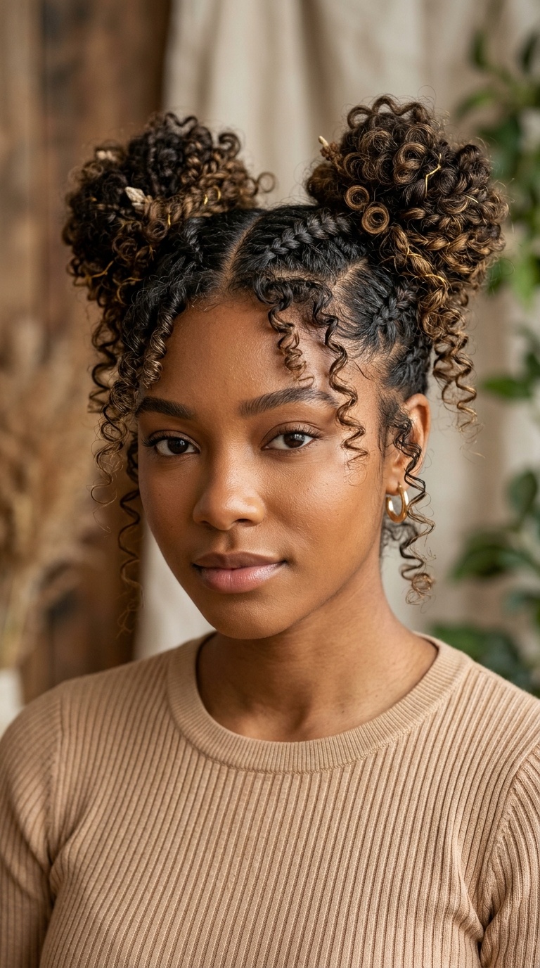 Double Dutch Braid Space Buns with Curls