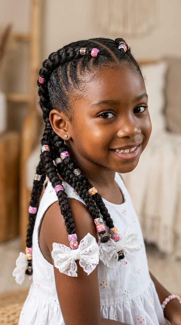 Double Dutch Braids with Patterned Beads and Lace Bows