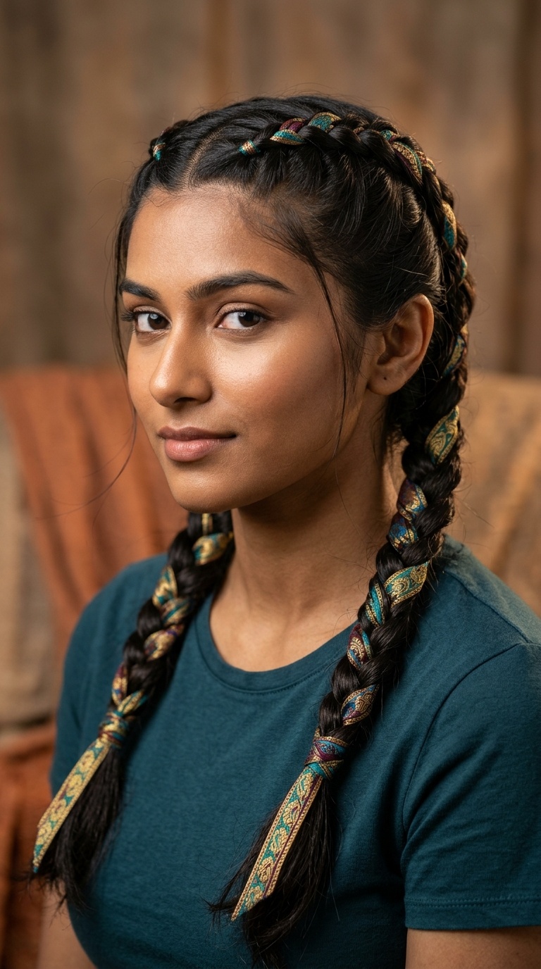 Double Dutch Braids with Ribbon Interweave