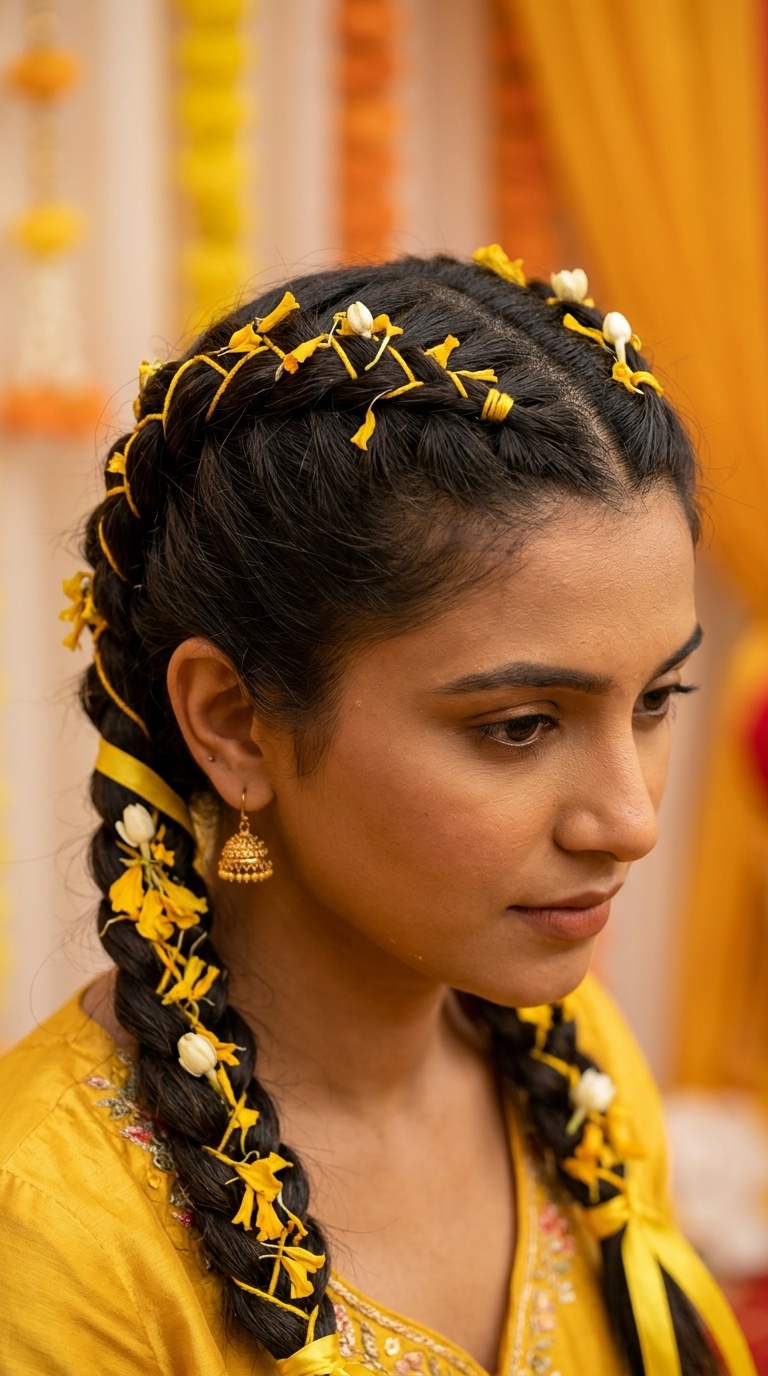 Double Dutch Braids with Yellow Ribbon and Petals
