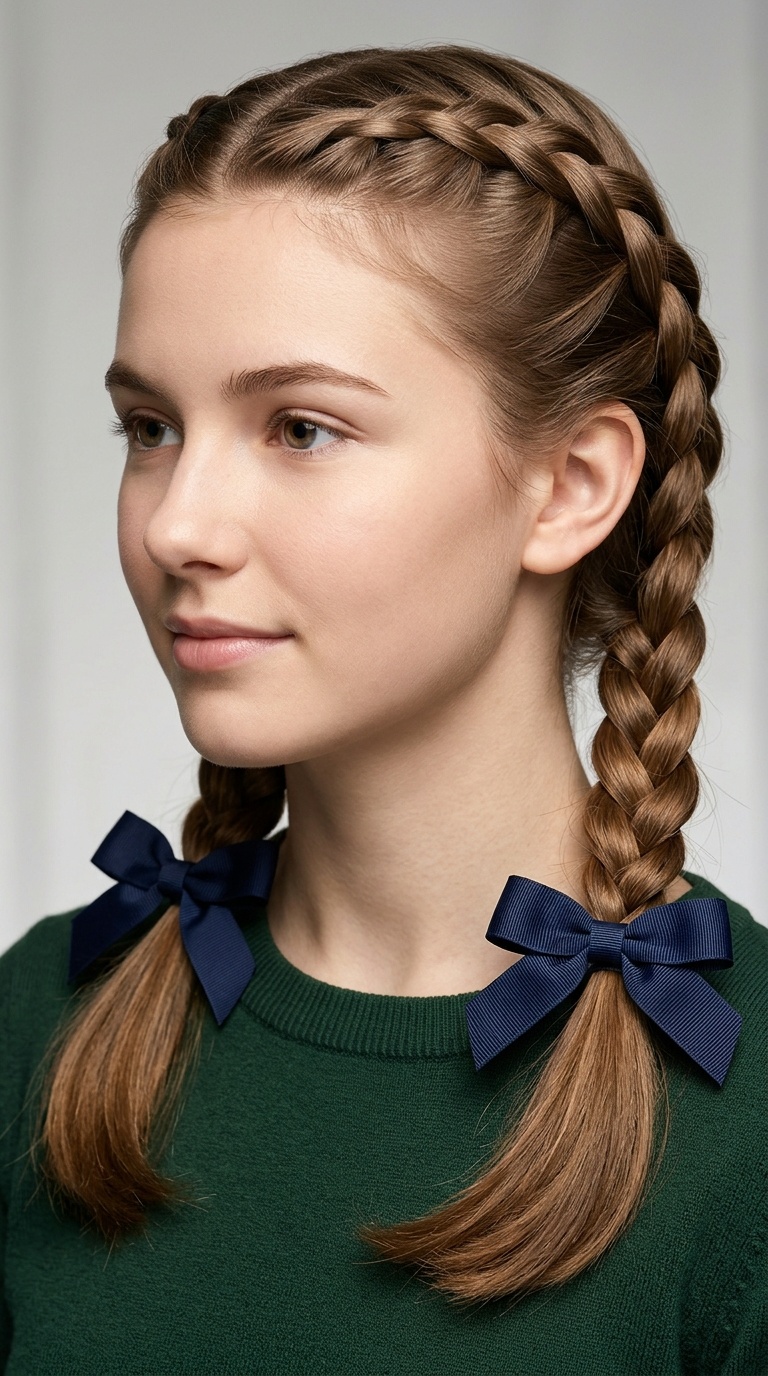Double French Braids Ending in Bows