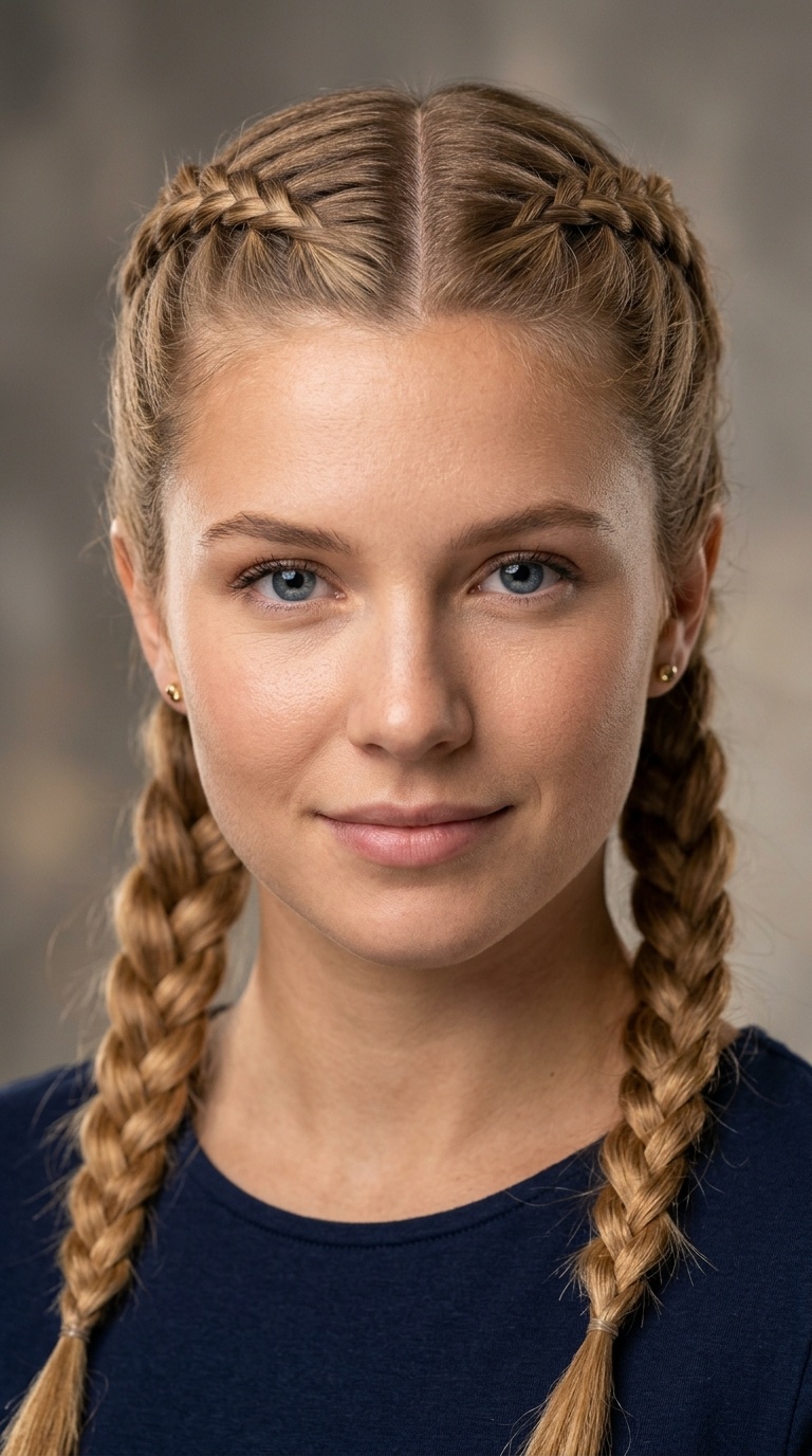 Double French Braids with an Off-Center Part
