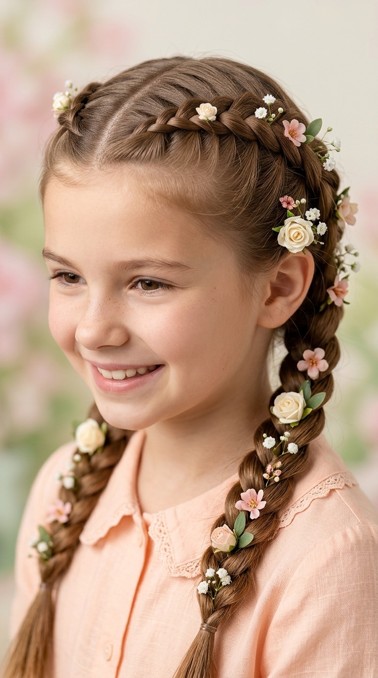 Double French Braids with Flower Pins