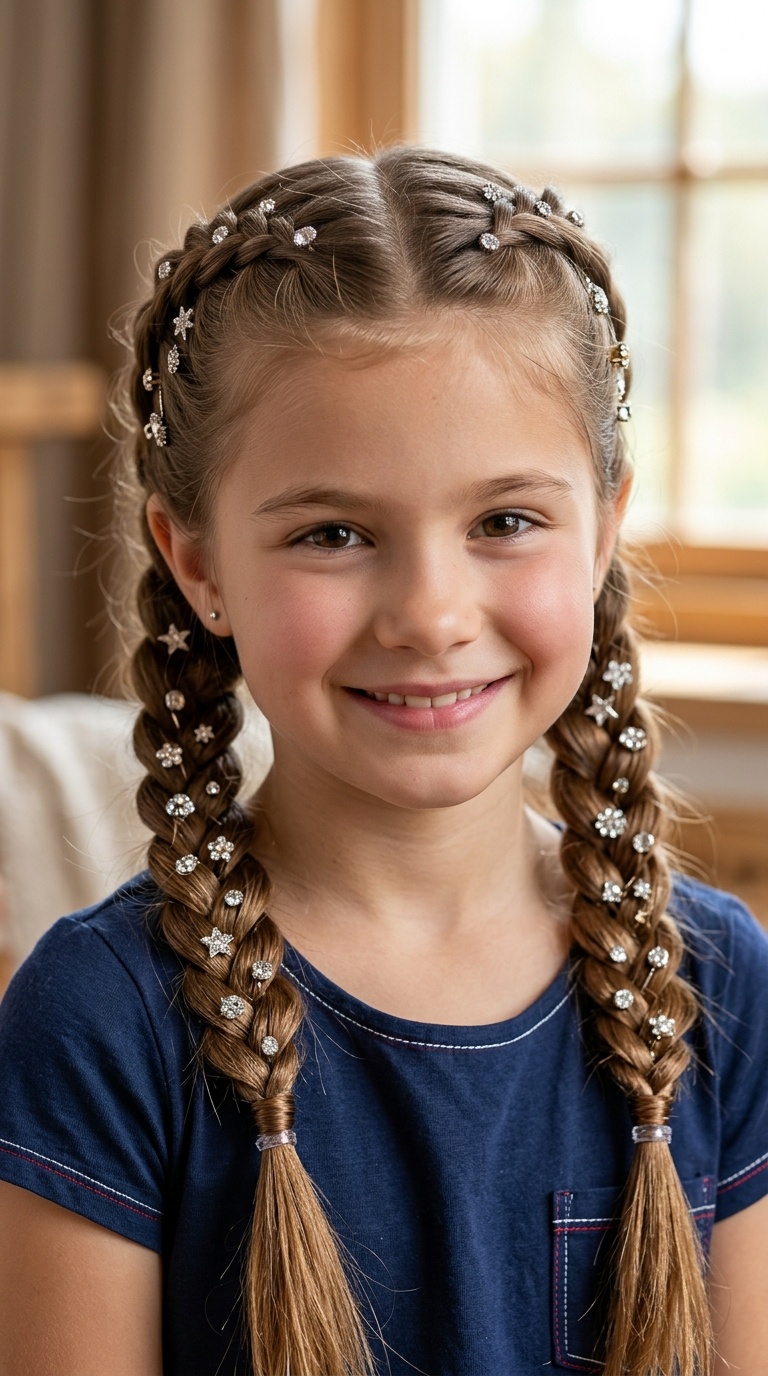 Double French Braids with Sparkly Pins