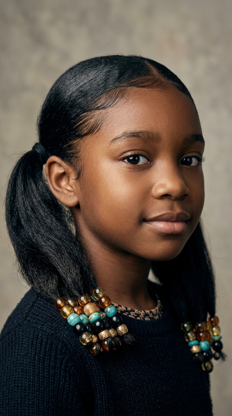 Double Low Ponytails with Beaded Tips