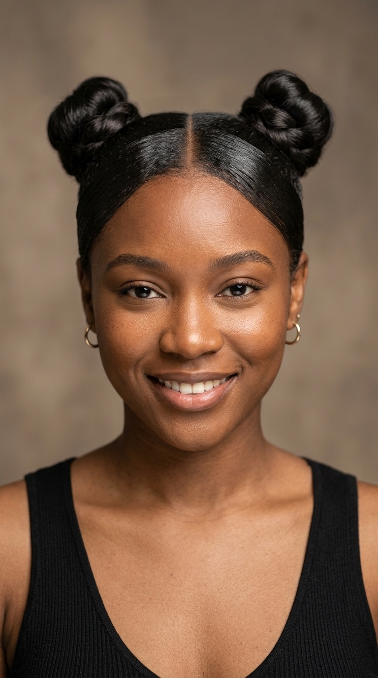 Double Sleek Buns with Center-Parted Swoops