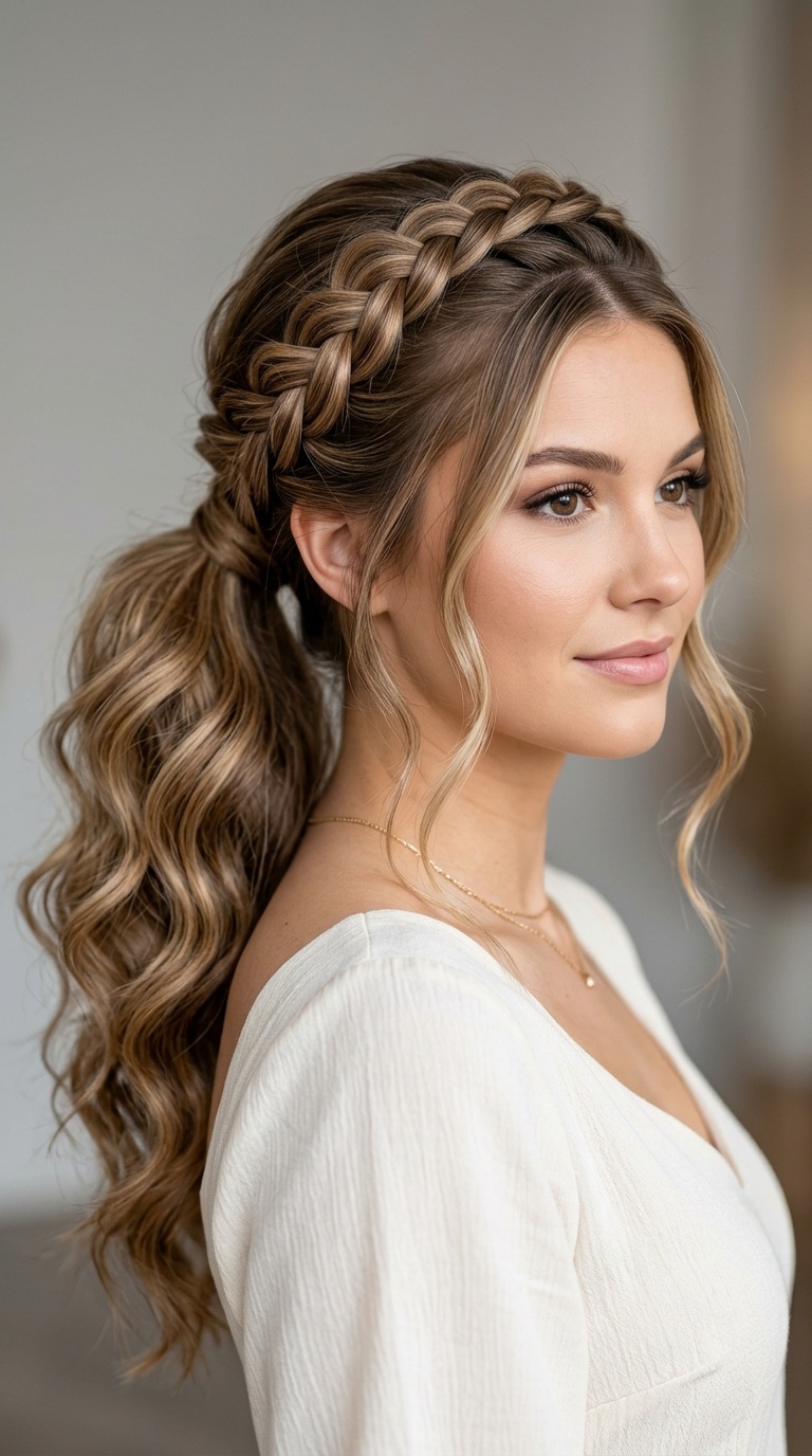 Dutch Braid Crown into Voluminous Wavy Pony