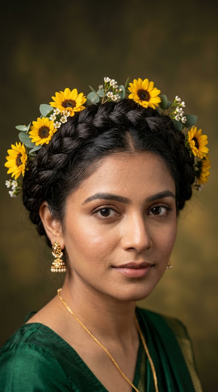 Dutch Braid Crown with Sunflower Accents