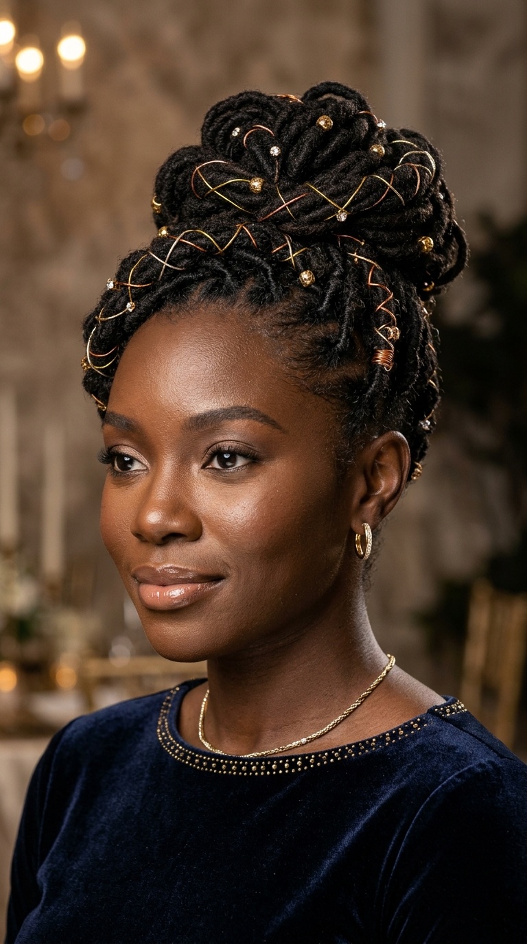Elaborate Loc Updo with Metallic Wire