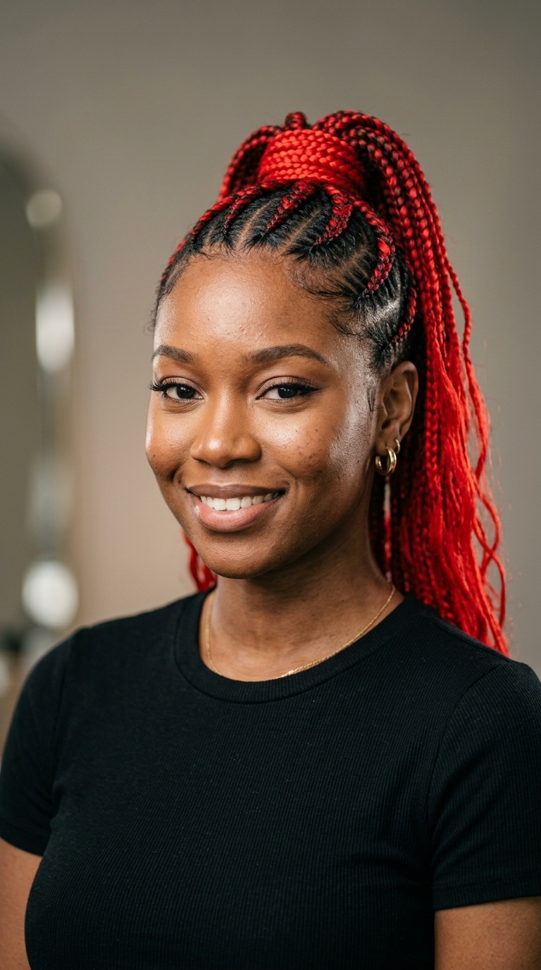 Electric Red Cornrow Ponytail