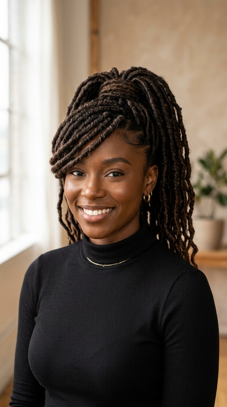 Faux Locs Ponytail with Wrapped Side Fringe