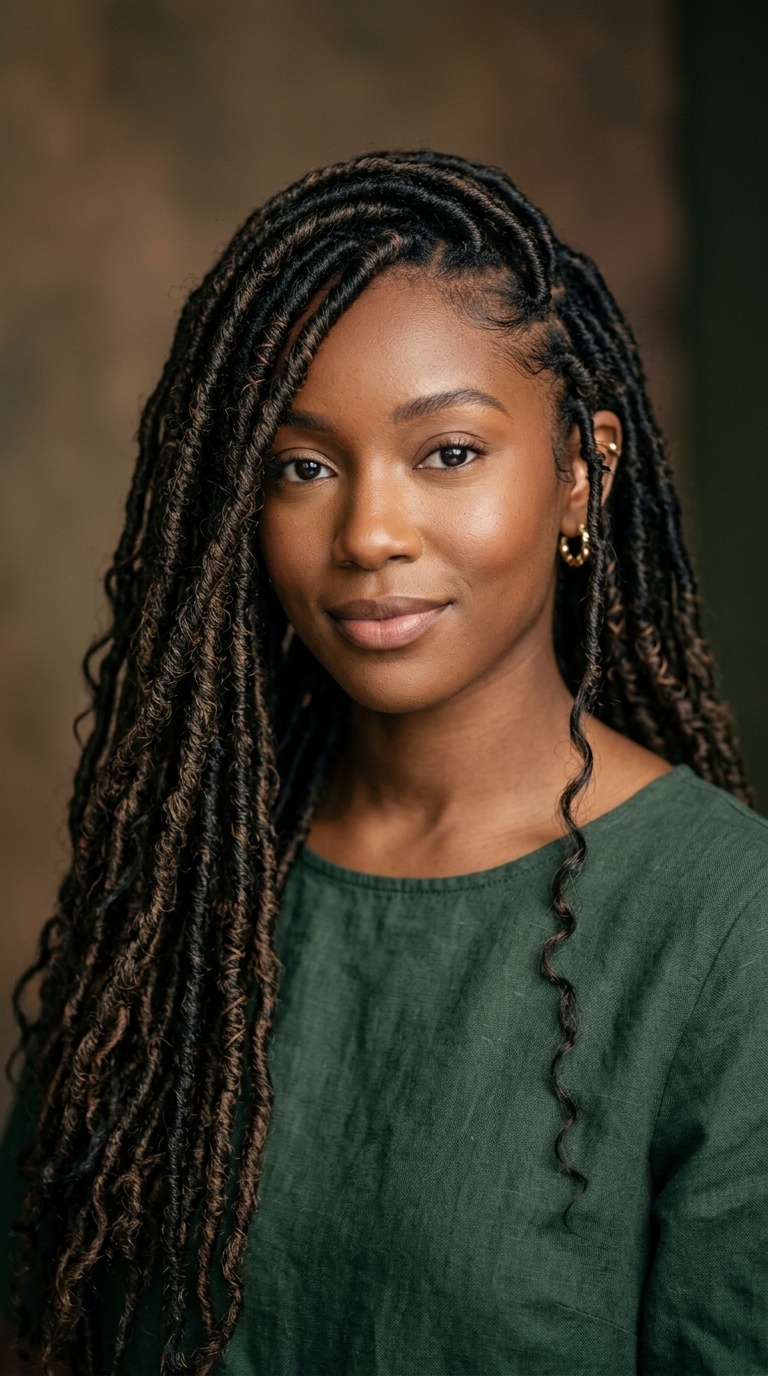 Faux Locs with a Deep Side Sweep