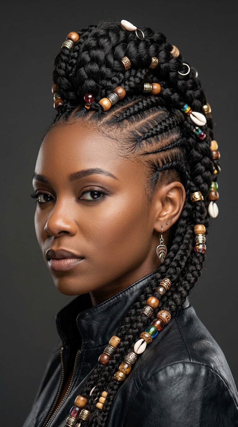 Feed-in Braid Mohawk with Beads