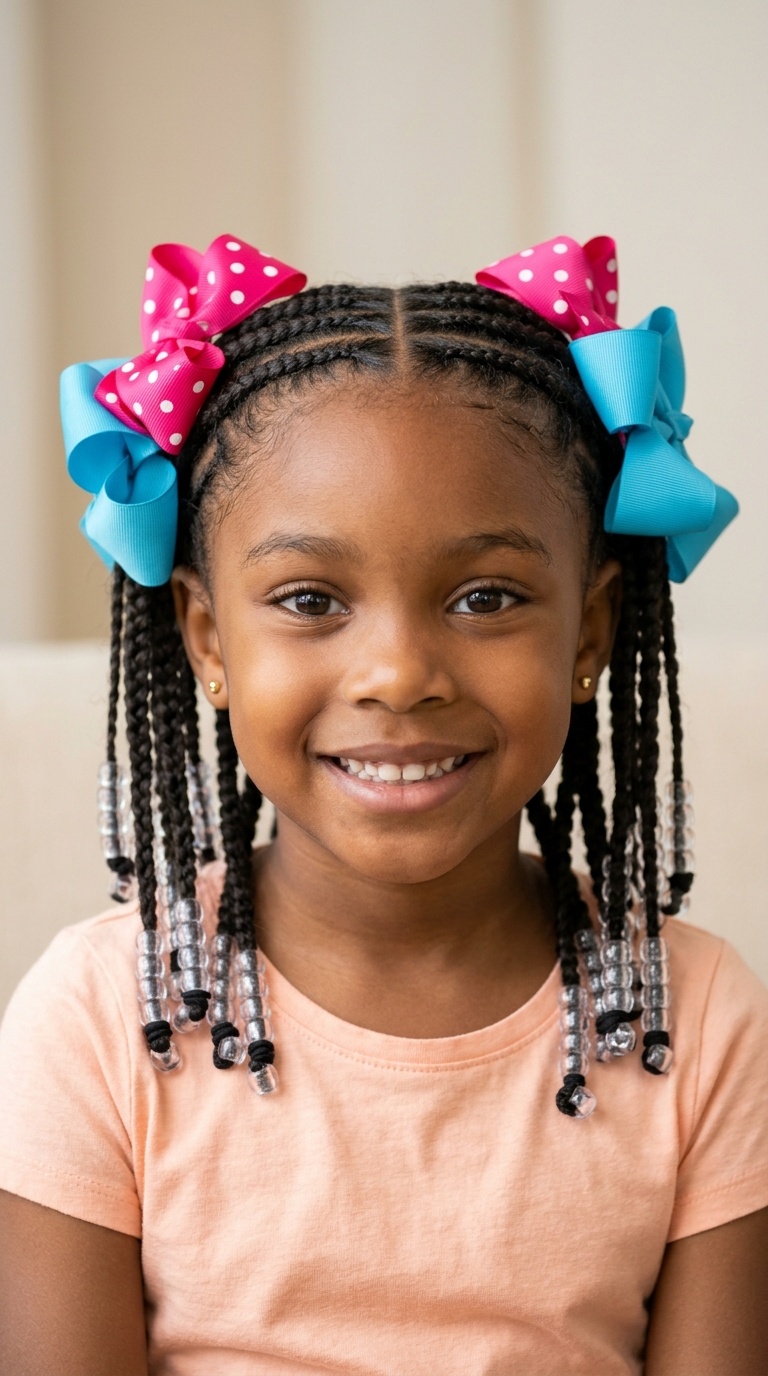 Feed-In Braids with Transparent Beads and Large Grosgrain Bows