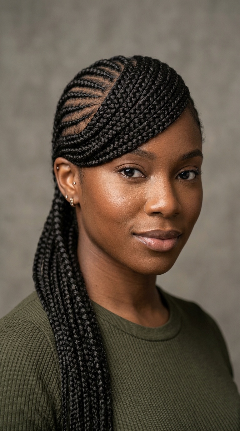 Feed-in Cornrows with a Side Swoop