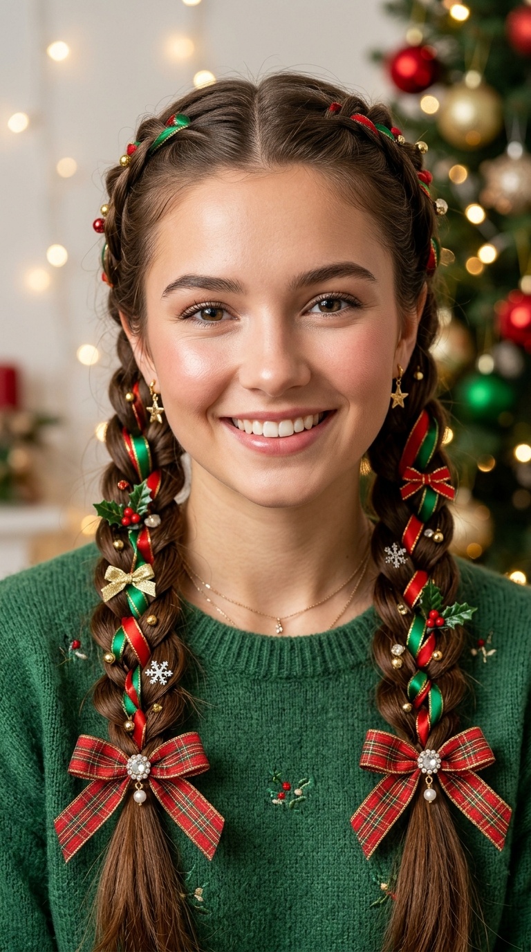 Festive Bow-Tied Pigtail Braids