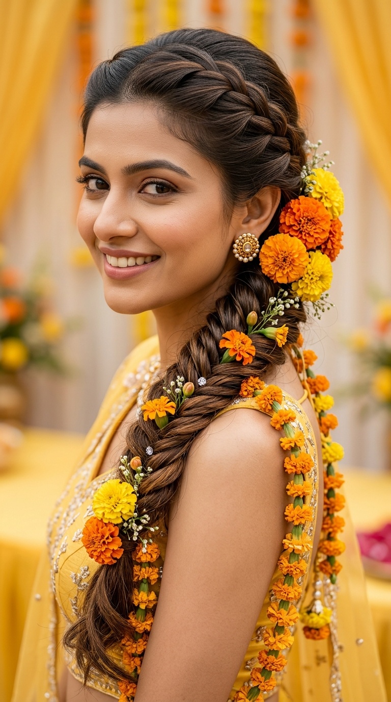 Fishtail Braid with Cascading Genda Phool