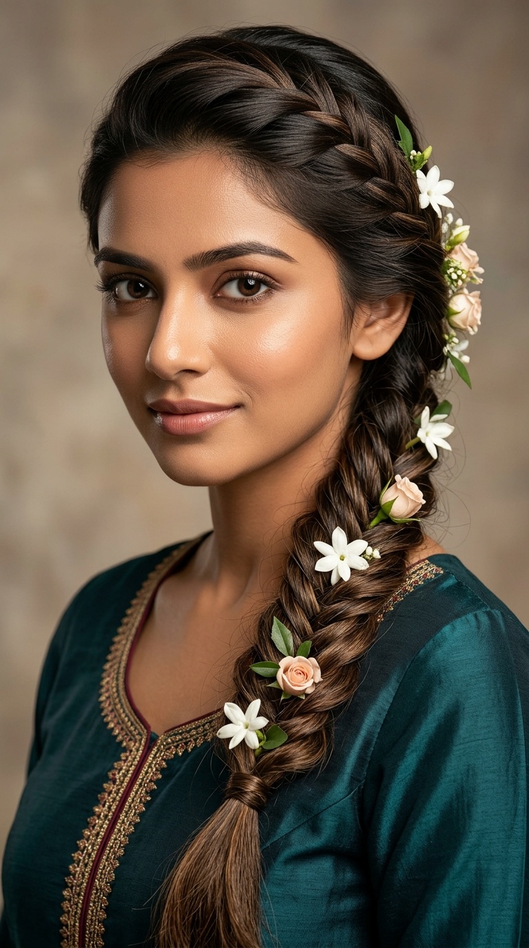 Fishtail Braid with Floral Accents