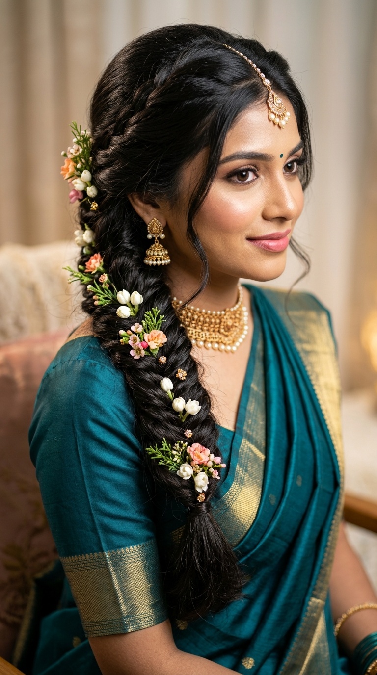 Fishtail Braid with Floral Pins
