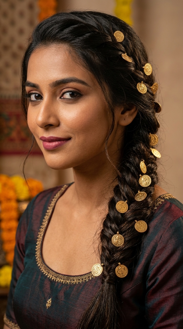 Fishtail Braid with Gold Coin Accents