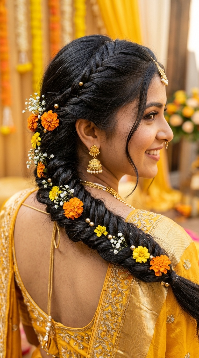 Fishtail Braid with Marigold Accents