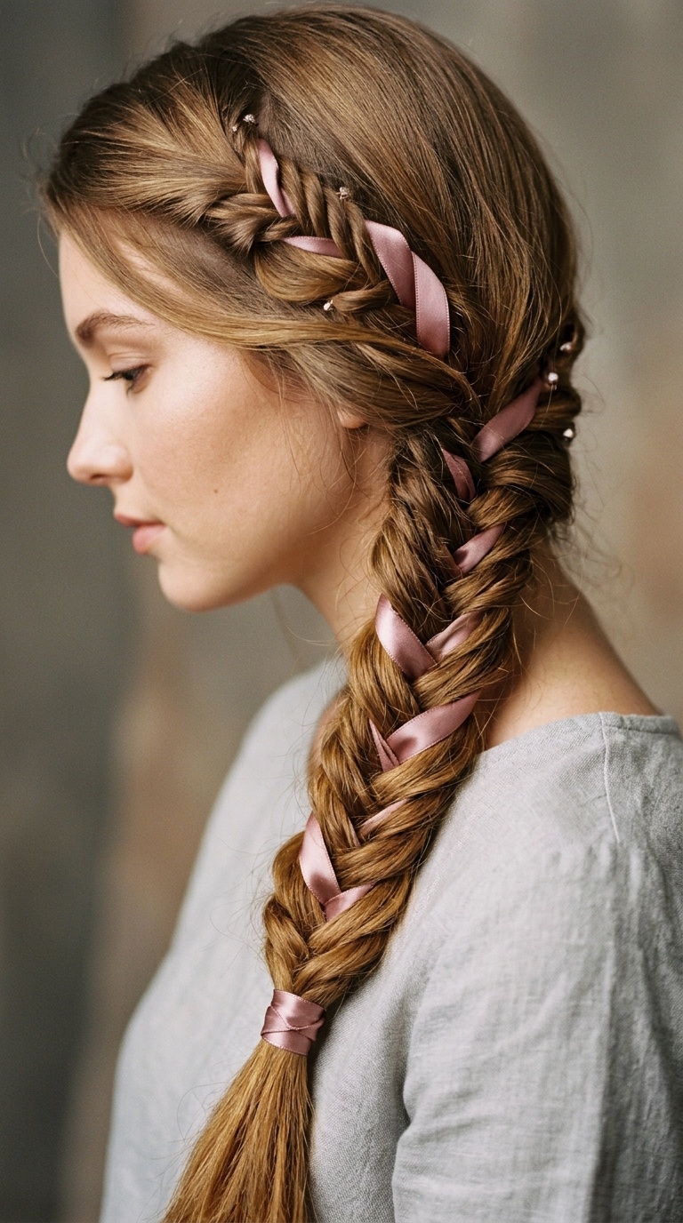 Fishtail Braid with Ribbon Intertwined