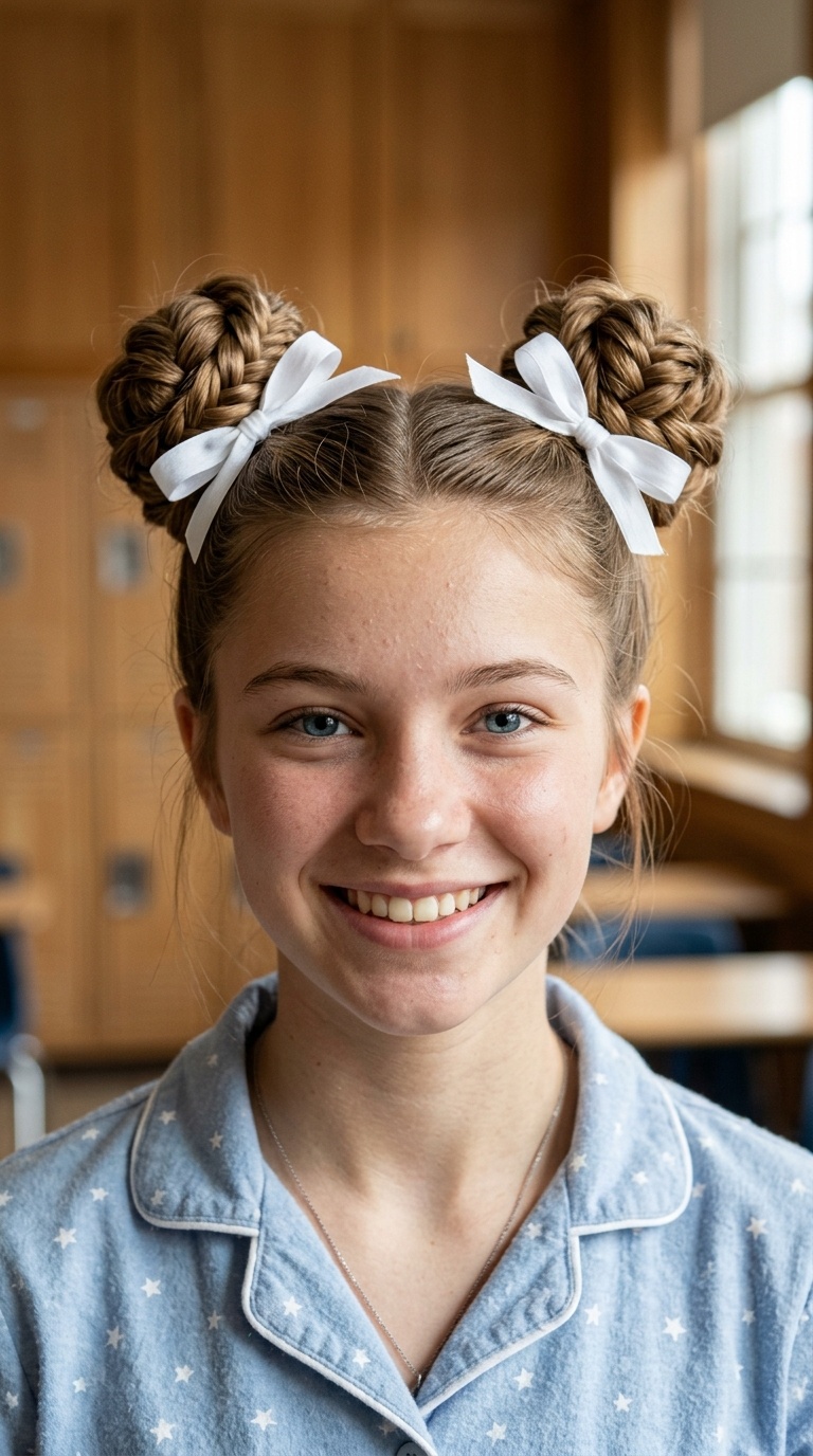 Fishtail Braided Space Buns with Ribbon Accents