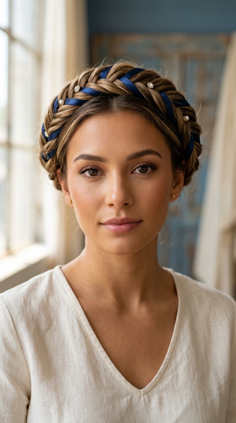 Fishtail Crown with Navy Blue Silk Accents