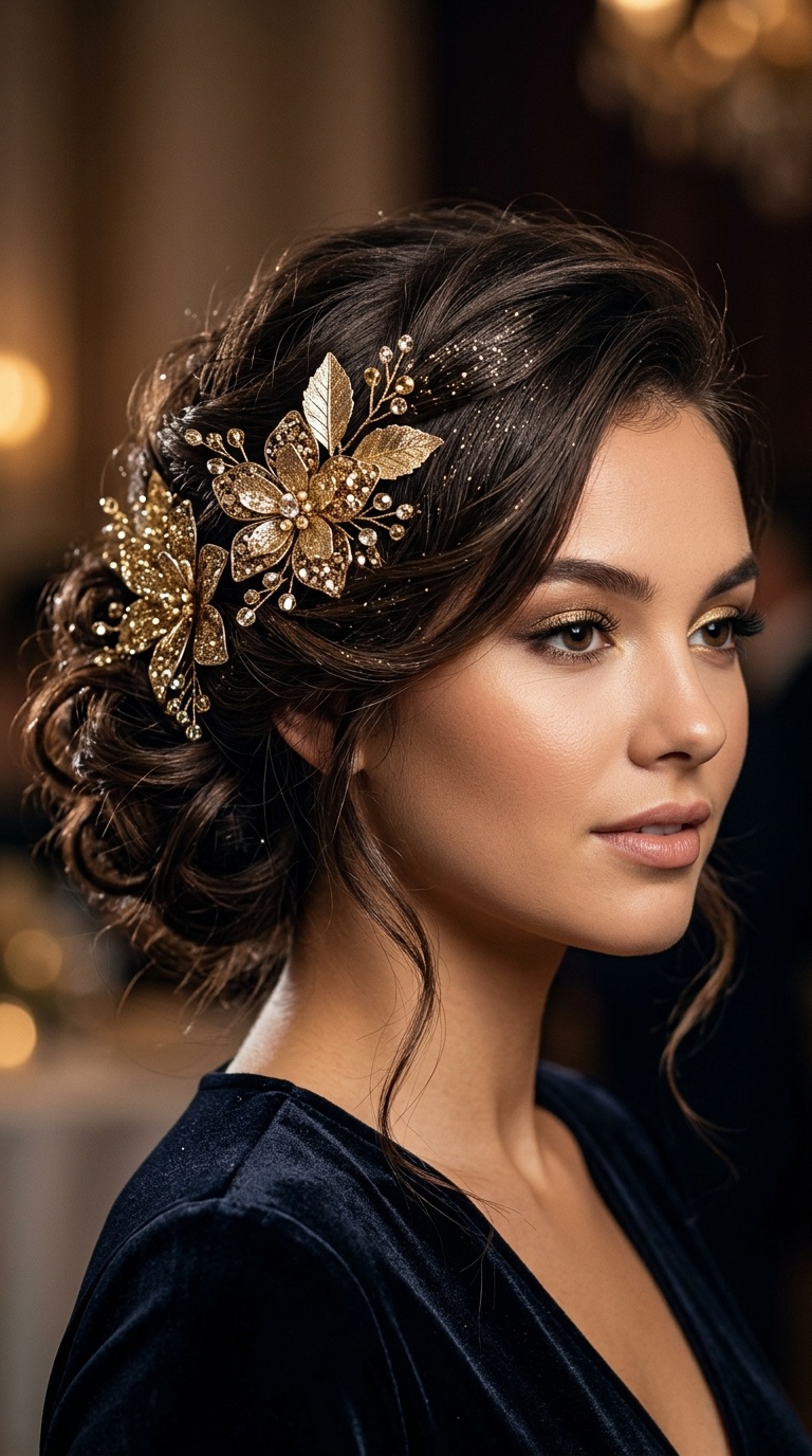 Floral Clips with Golden Leaf Glitter