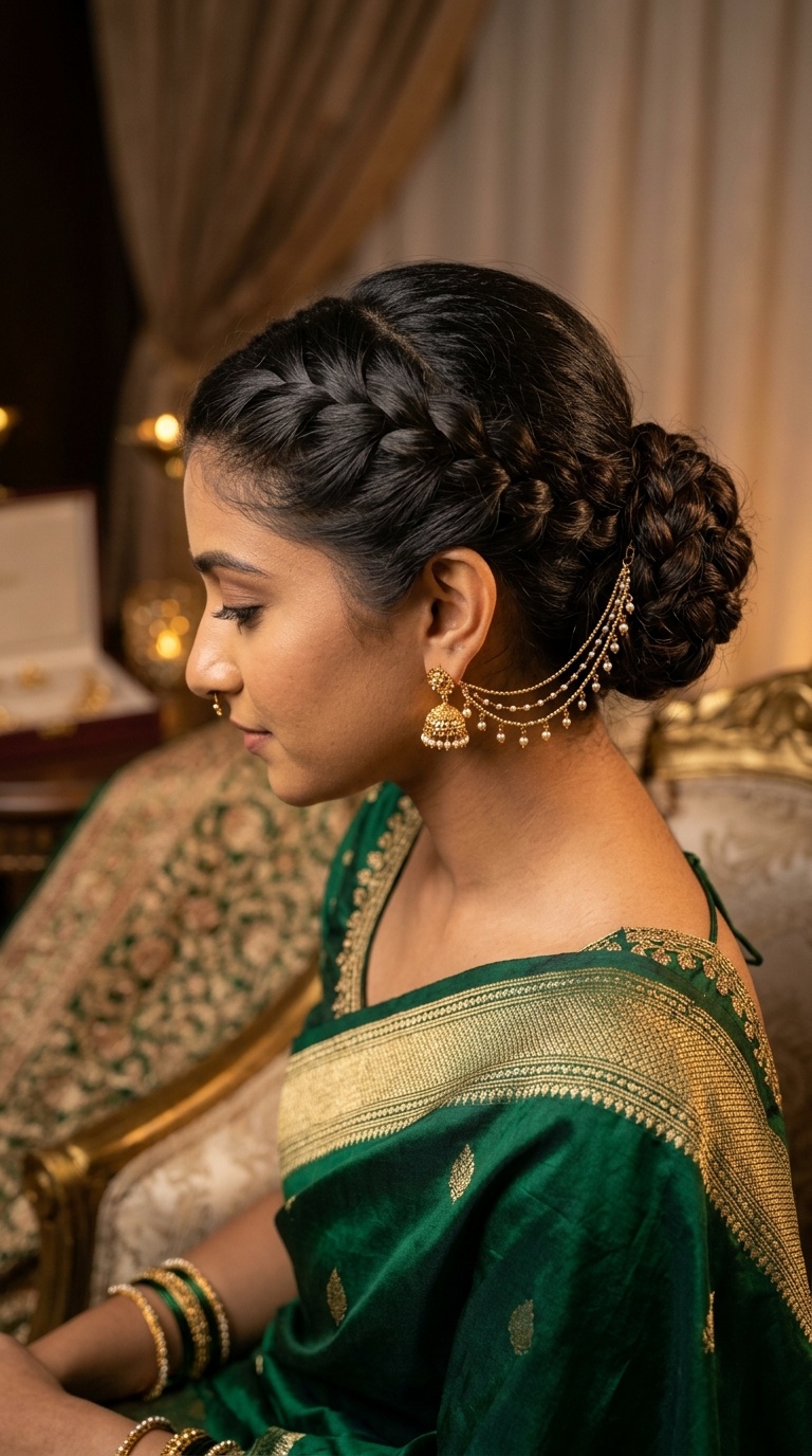 French Braid Bun with Ear Chains