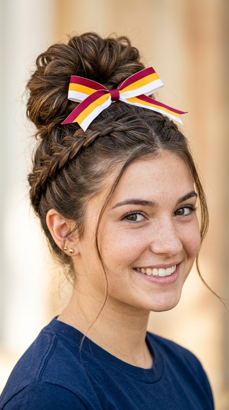 French Braid into a Messy Bun with Bow