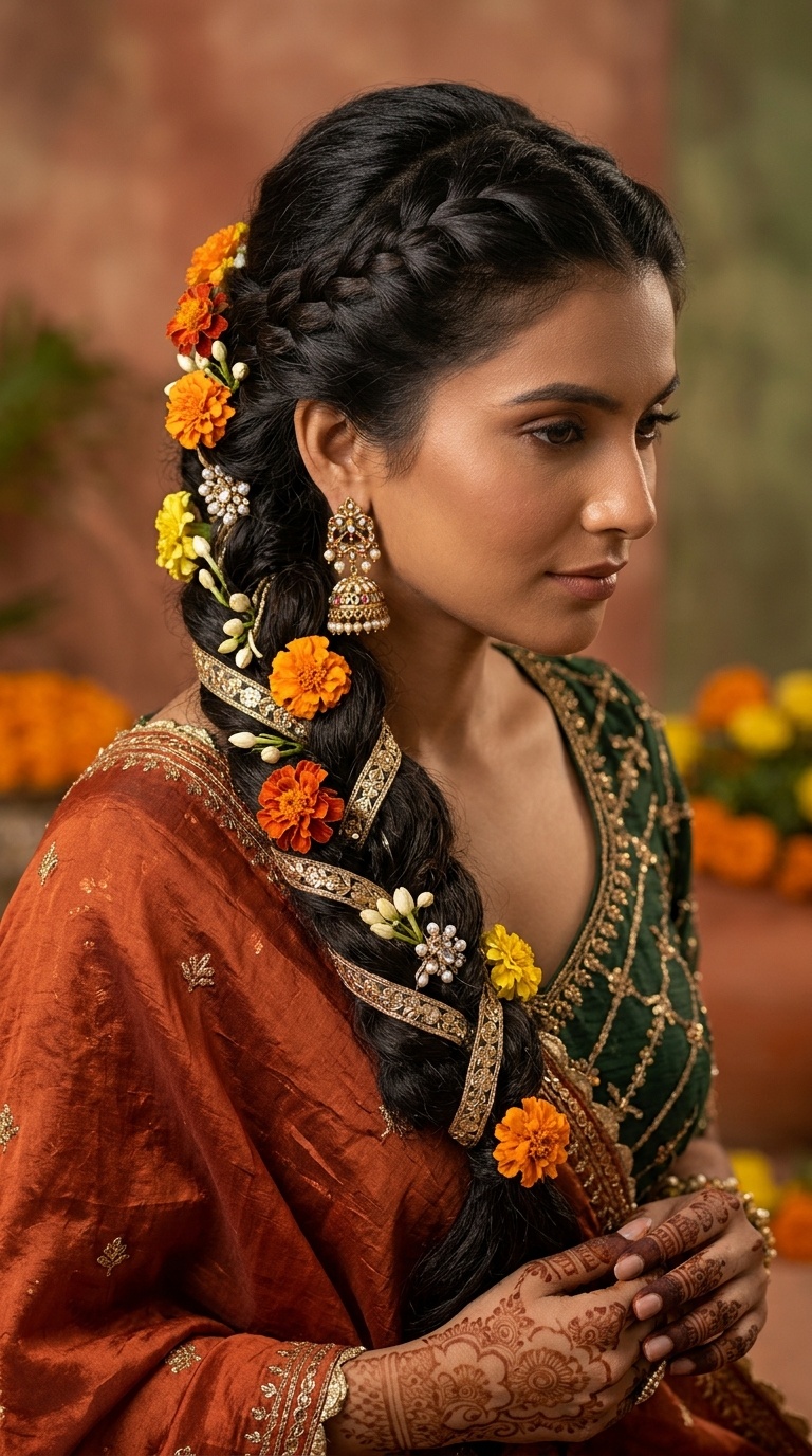French Braid with Gota Patti and Marigolds