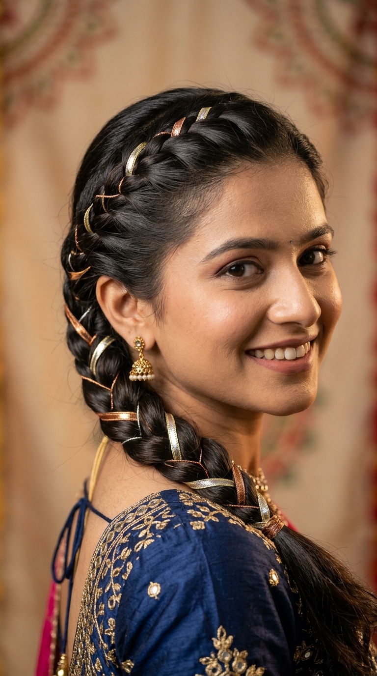 French Braid with Metallic Ribbons