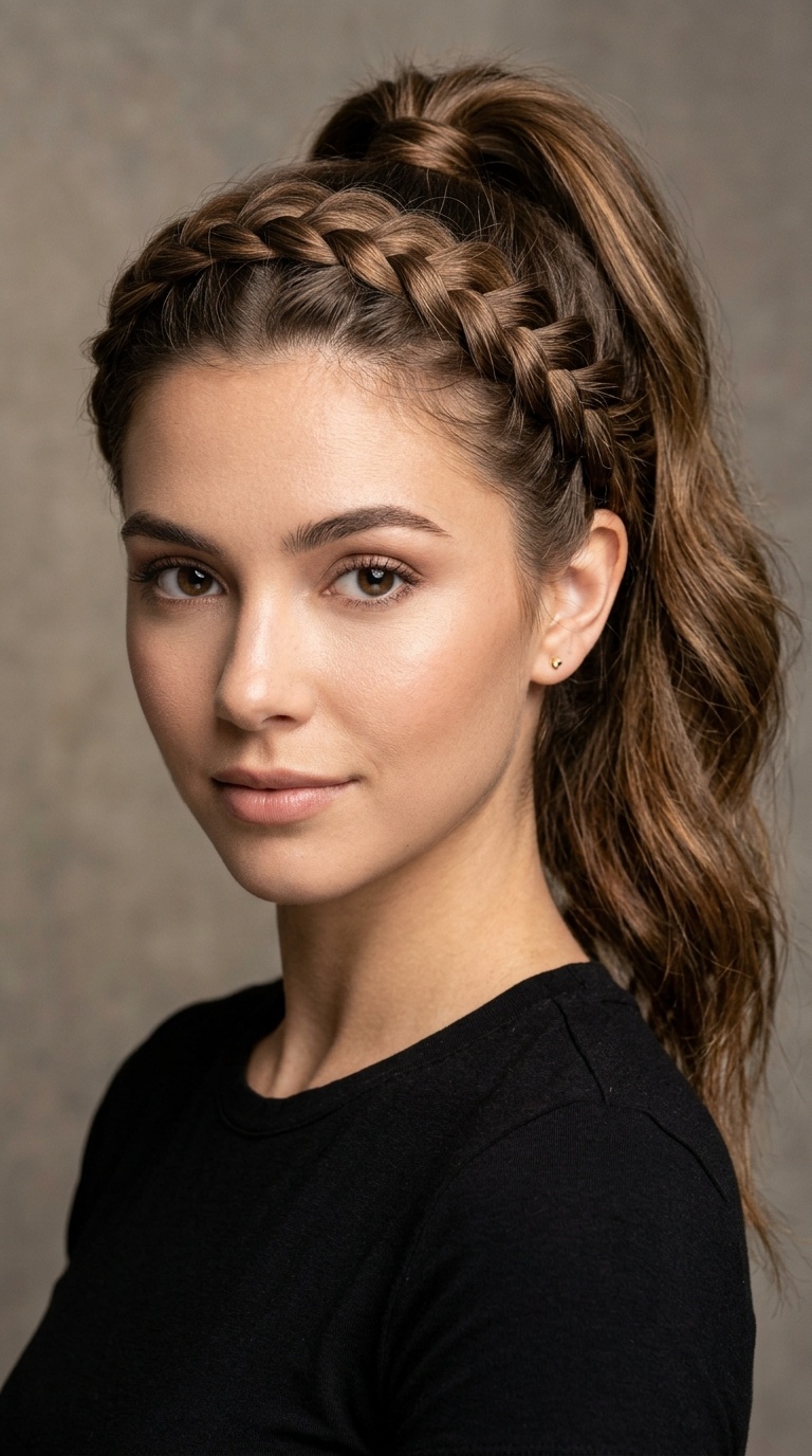 French Braided Crown Ponytail